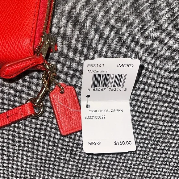 Coach F53141 Red Cardinal Leather Double Zip Phone Wristlet Wallet Bags